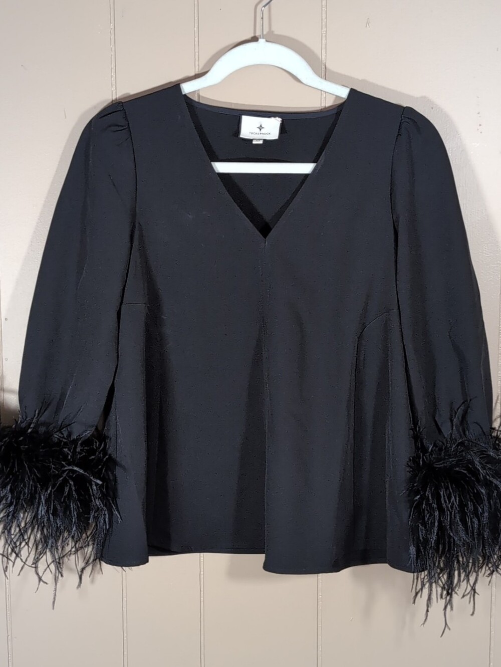 Tuckernuck Easton Blouse With Feathers Size XS Black V-Neck Top Shirt Party